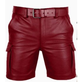New Product Best-selling Hot Sale Solid Color PU Casual Men's Short Leather Pants Shorts (Option: Red-5XL)